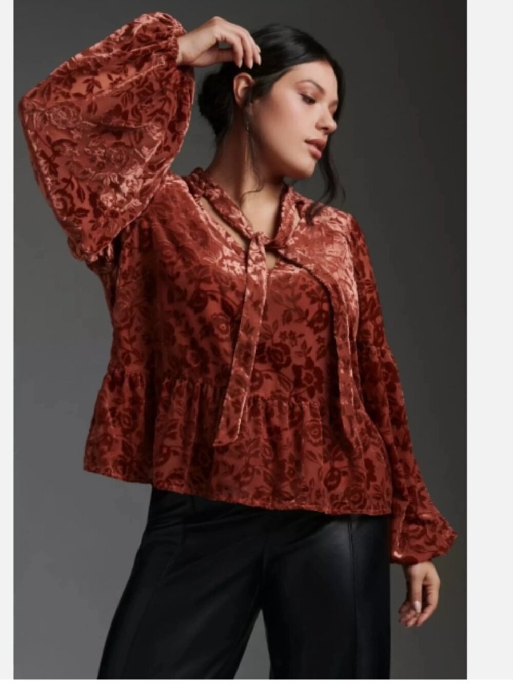 Like New/Flawless! By Anthropologie Velvet Tie-Neck Blouse Rust Brown